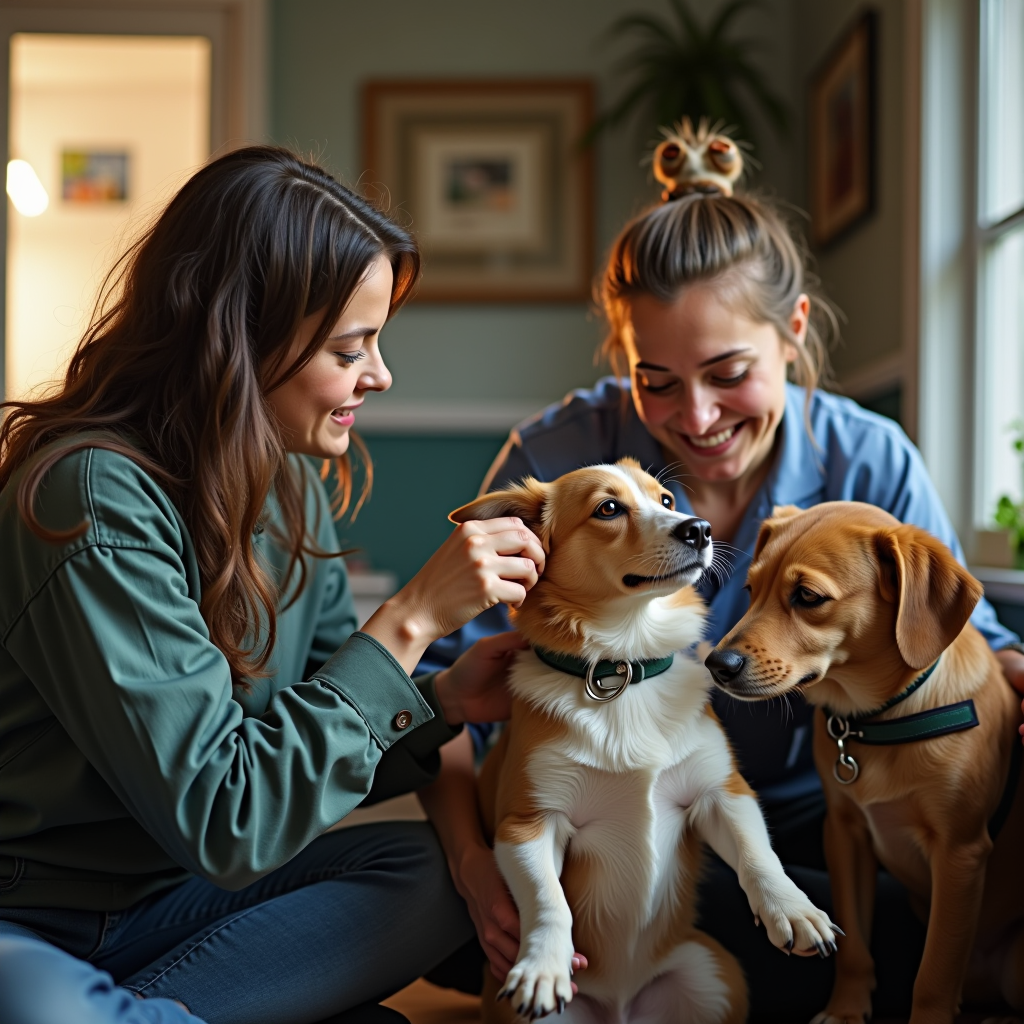 Compassionate volunteers caring for rescued animals in a warm, welcoming shelter environment with dogs and cats receiving love and attention