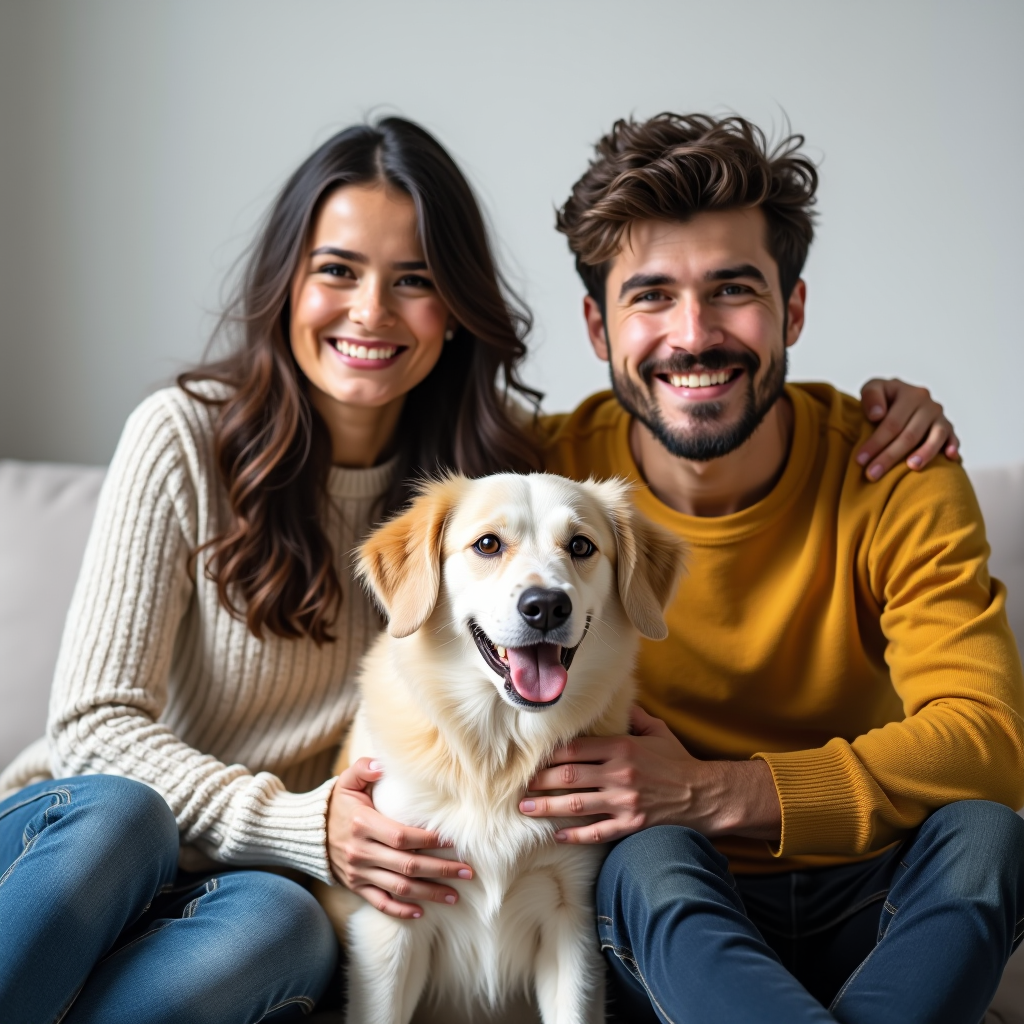 Heartwarming photo of a loving foster family sitting together with their temporary rescue dog, showing the bond formed during rehabilitation. The family is smiling warmly while the dog looks happy and healthy, representing successful animal rescue and foster care.