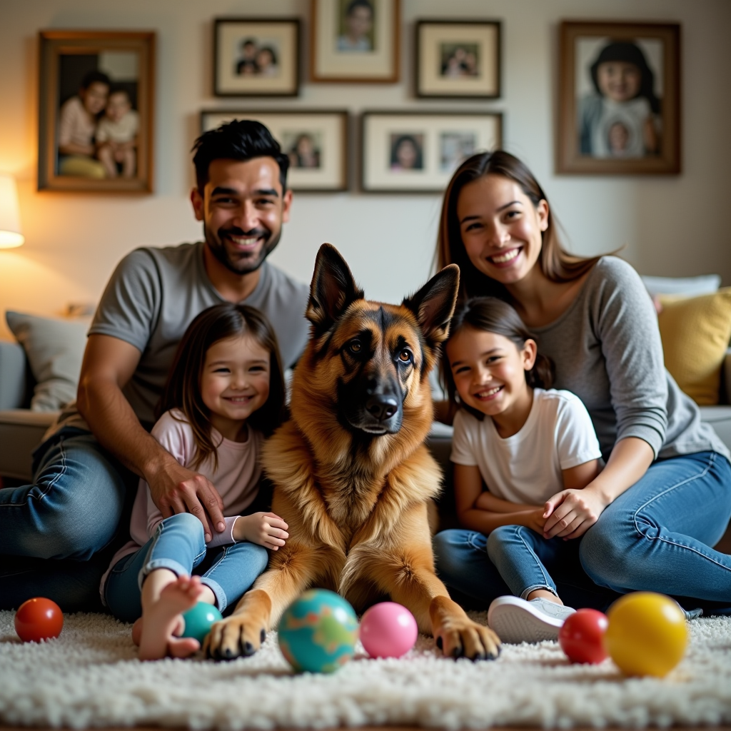 The Martinez family sitting on their living room floor with Max, a healthy German Shepherd, surrounded by toys. The family includes two parents and two children, all smiling warmly. Max is relaxed and happy, leaning against one of the children. Warm, natural lighting fills the cozy room with family photos on the walls. The scene captures the bond between foster family and rescue dog.