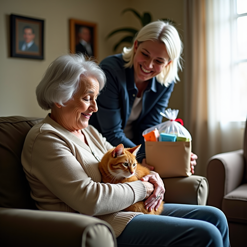 Elderly woman with silver hair sitting in a comfortable armchair, gently holding her orange tabby cat in her lap. A Sha Nini Foundation volunteer stands beside them, smiling warmly while holding a bag of pet supplies. Soft natural light streams through a window, illuminating the peaceful scene. The woman's face shows relief and gratitude as she receives support services. The cat appears content and well-cared for, nestled against the woman's cardigan. In the background, a modest but tidy living room with family photos on the walls.
