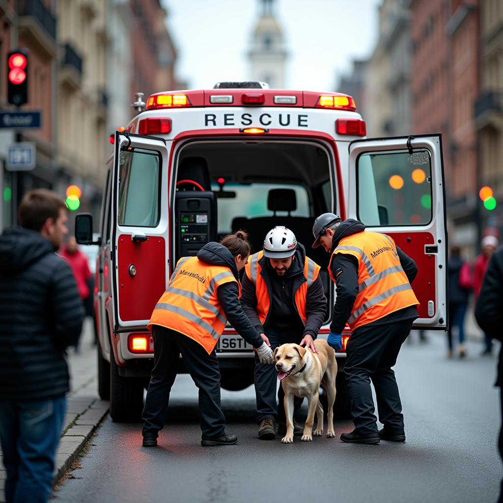 Mobile rescue unit parked on a city street during an emergency rescue operation, with team members in bright safety vests carefully approaching an injured street dog. The specialized vehicle has medical equipment visible through open doors, emergency lights flashing, while volunteers work together to secure the frightened animal with gentle handling techniques. Urban setting with concerned community members watching from a safe distance as the professional rescue team demonstrates expert animal handling and immediate medical assessment.
