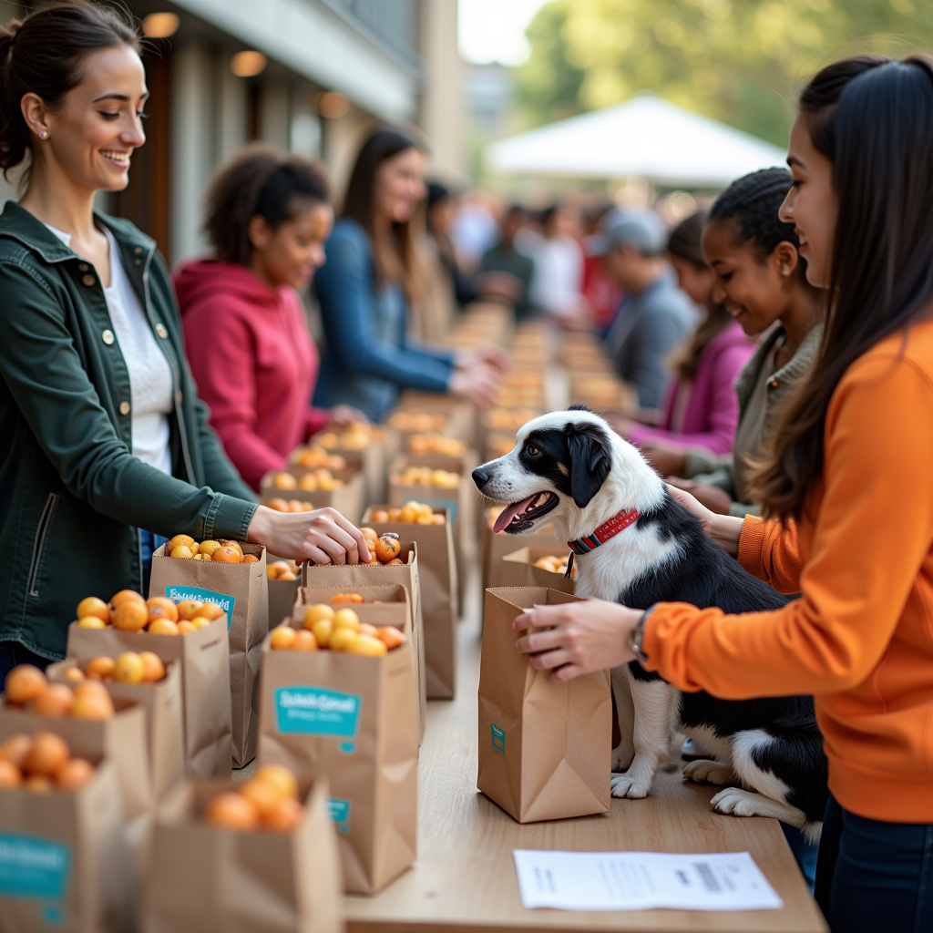 Volunteers at a community event distributing pet food supplies from organized tables, with families and their pets receiving bags of food and supplies, showing diverse community members helping each other, warm and welcoming atmosphere with branded banners and donation boxes visible