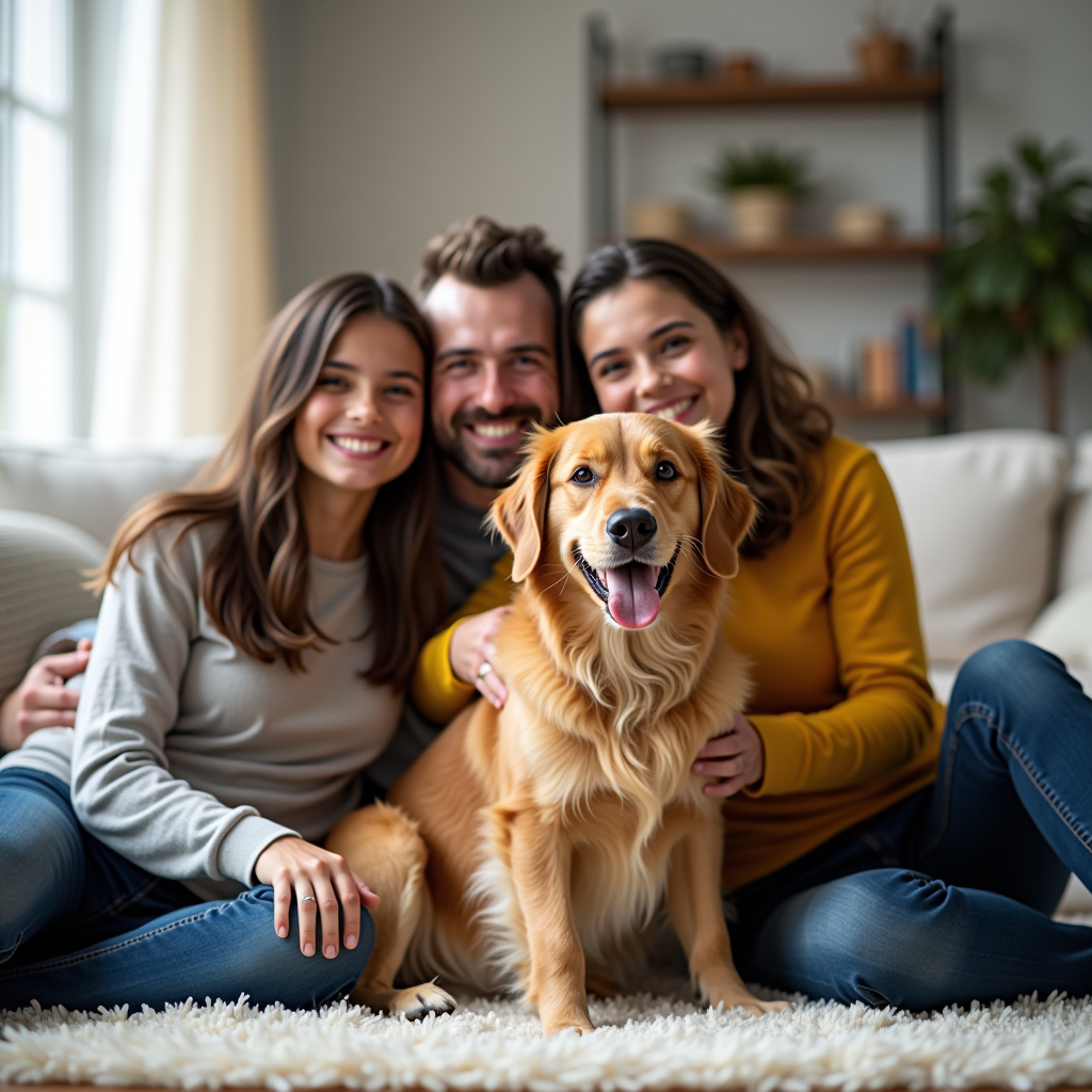 Heartwarming photo of a smiling foster family sitting on their living room floor with a golden retriever rescue dog, showing the bond formed during temporary care