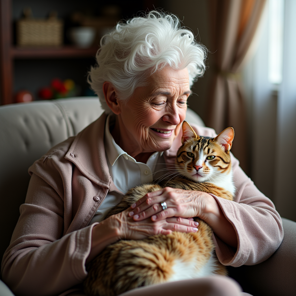 Touching image of an elderly woman sitting peacefully with her beloved cat, receiving support services from the Sha Nini Foundation. The scene shows compassion and care, with the woman smiling while holding her cat, representing the senior pet owner support program.