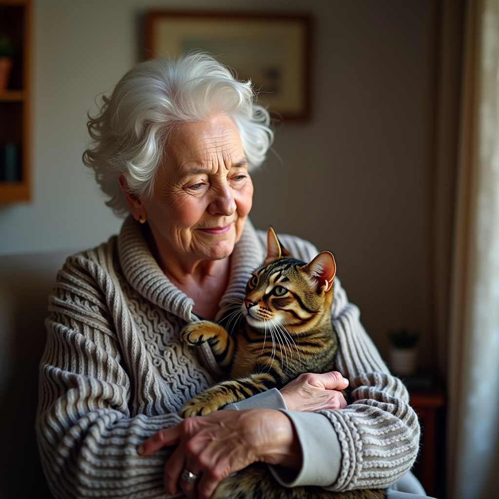 Touching image of an elderly woman in her cozy home gently holding her beloved tabby cat while receiving compassionate support from a Sha Nini Foundation volunteer