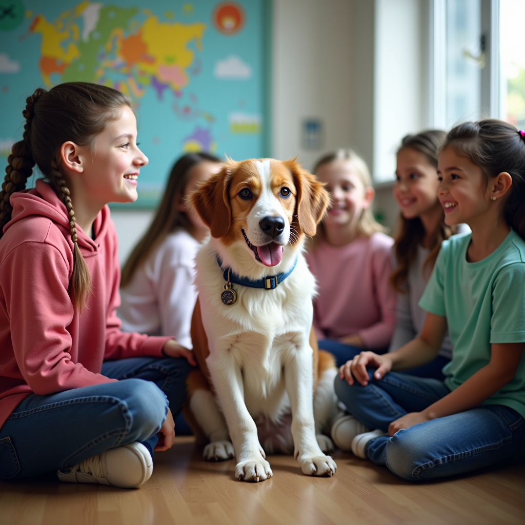 Photo from a recent classroom visit showing children gathered around therapy animals during an educational outreach program. The image captures students learning about responsible pet ownership and animal emotions, with a therapy dog sitting calmly among engaged, smiling children.