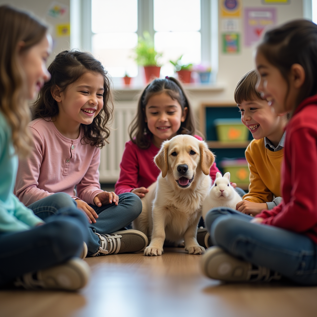 Joyful photo of elementary school children sitting in a circle on a classroom floor, learning about animal care while interacting with gentle therapy dogs and rabbits during an educational visit