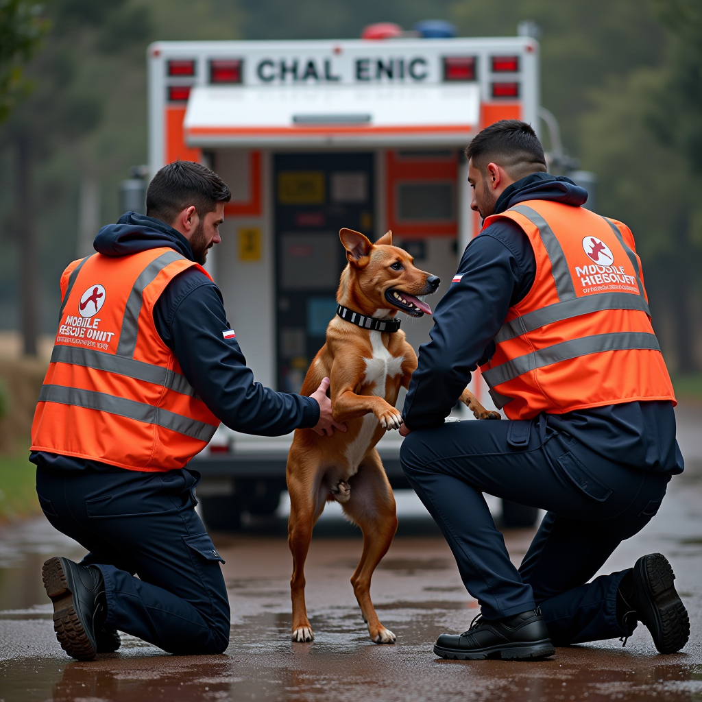 Powerful action image of the mobile rescue unit during an emergency operation. The photo shows rescue team members in branded vests working together to safely rescue an abandoned animal, with the mobile veterinary unit vehicle visible in the background.