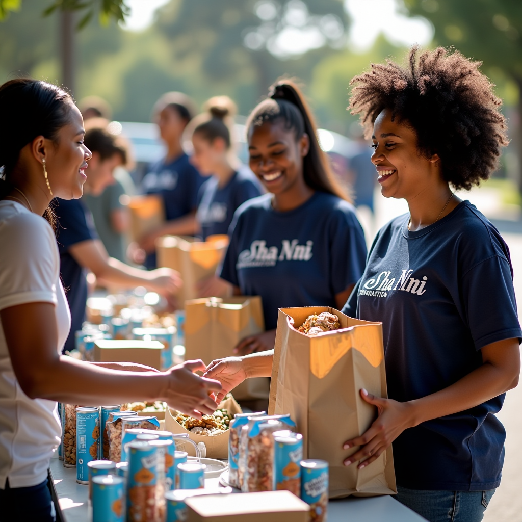 Image of volunteers distributing pet food supplies at a community event. The photo shows smiling volunteers in Sha Nini Foundation shirts handing bags of pet food to grateful families, with tables full of pet supplies and community members gathered around.